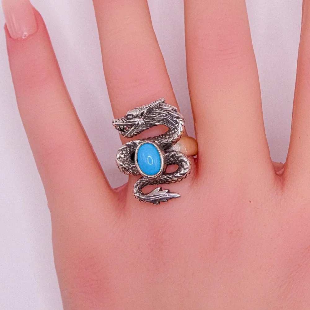 Chuck Clemency Sterling Silver 925 Dragon Ring Figural Turquoise Gemstone Sz 8